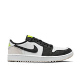 Black and white sneaker with a yellow accent on a white background