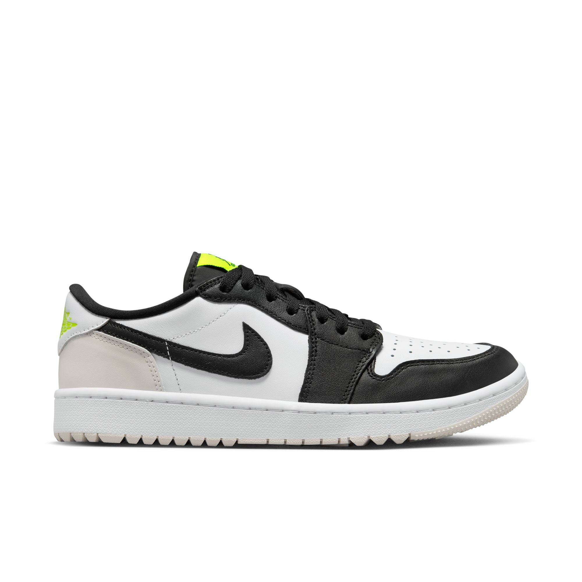 Black and white sneaker with a yellow accent on a white background