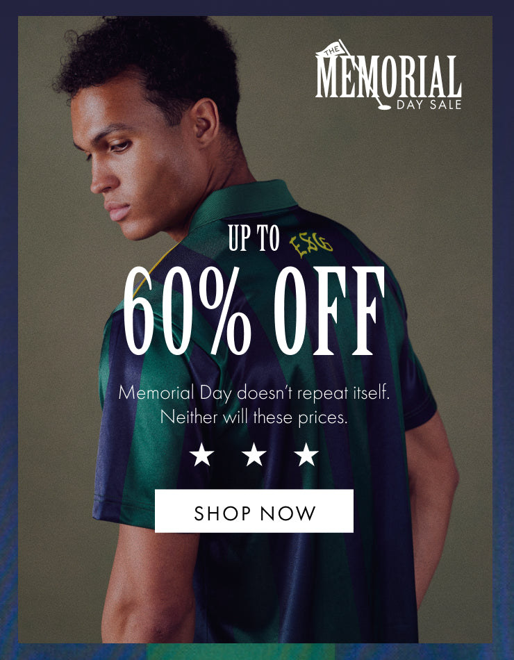 Promotional graphic for Memorial Day sale with a person wearing a green shirt and text about discounts.