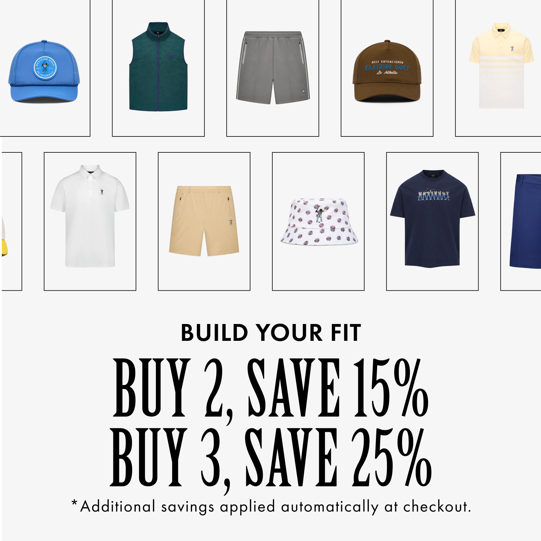 A promotional catalog graphic showing multiple children's apparel items in a grid above large sale text reading 'BUILD YOUR FIT BUY 2, SAVE 15% BUY 3, SAVE 25%'. Visible products include caps, sleeveless tops, shorts, polo shirts, shorts, a bucket hat, and a T-shirt, but no single product is the main subject.