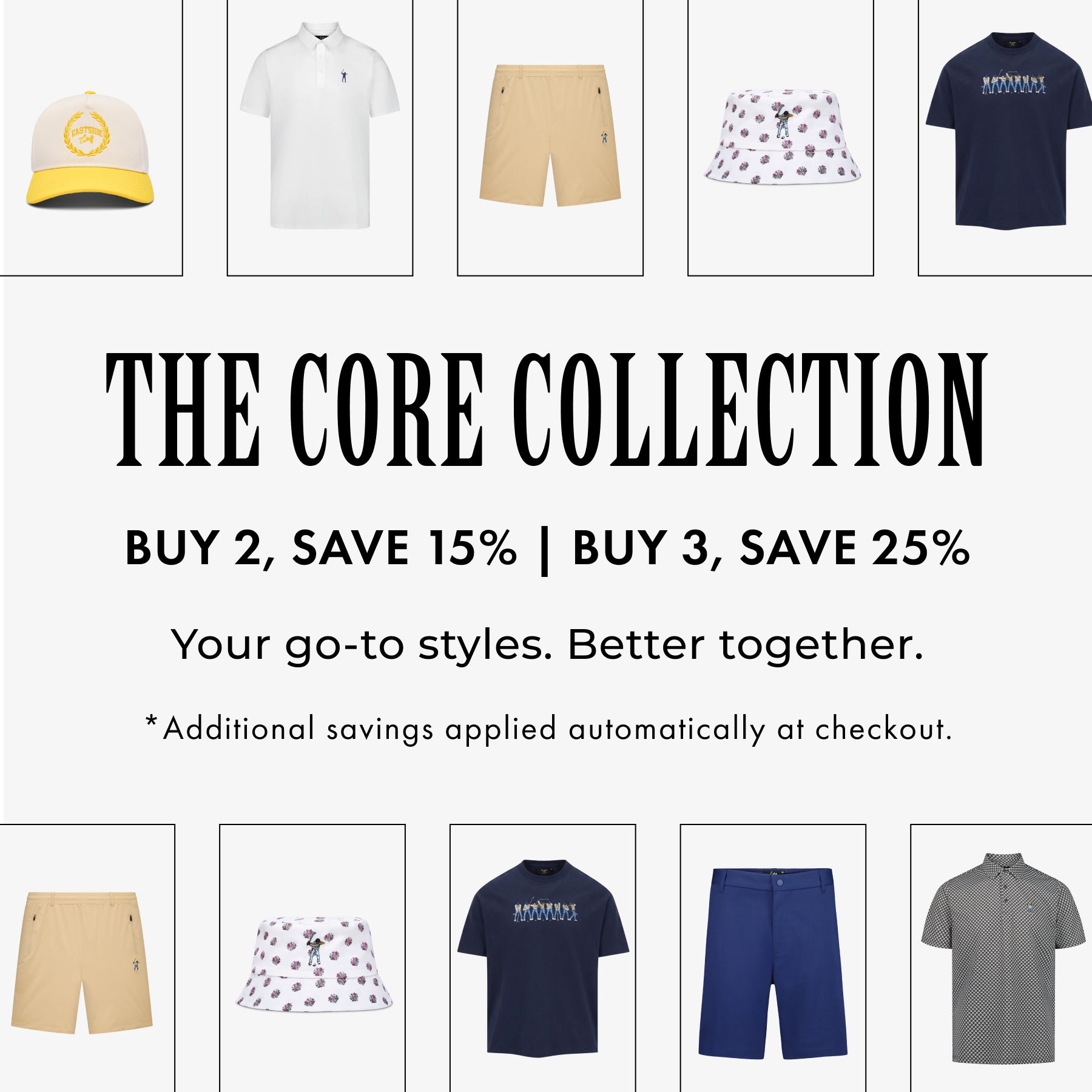 A promotional collage for The Core Collection showing multiple children's apparel items arranged in a grid with large sale text in the center: 'BUY 2, SAVE 15% | BUY 3, SAVE 25%'. Visible products include a yellow-and-white cap, white polo shirt, tan shorts, a white bucket hat with small floral print, a navy T-shirt, tan shorts, a white floral bucket hat, a navy T-shirt with a colorful logo, blue shorts, and a gray polo shirt.
