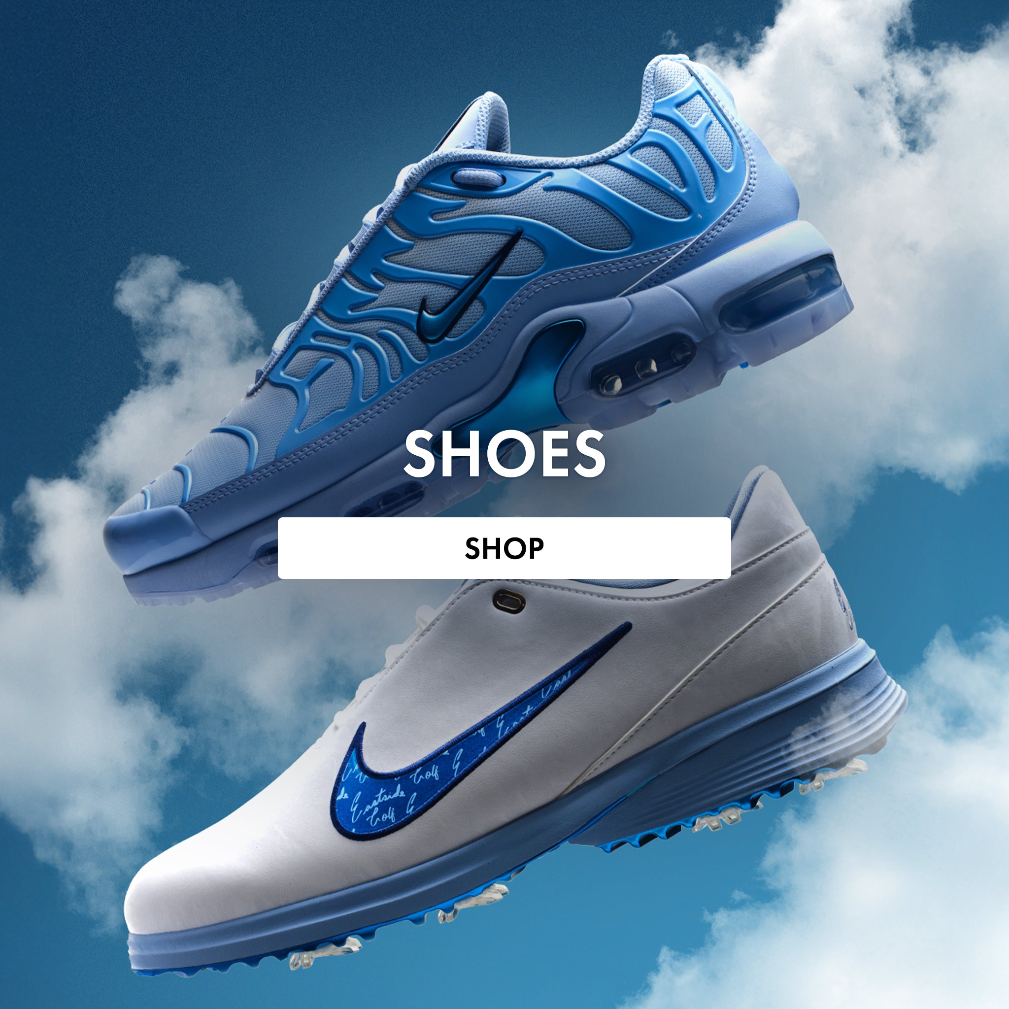 Blue and white Nike shoes with a 'Shop' button against a cloudy sky background