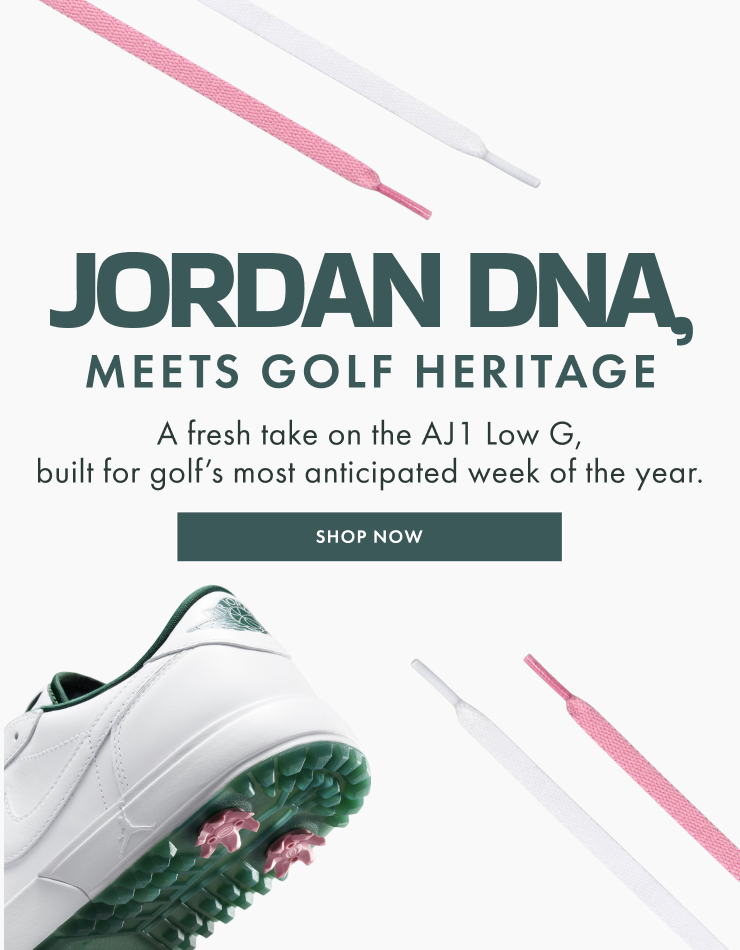 Golf shoe with text about Jordan DNA and golf heritage on a white background
