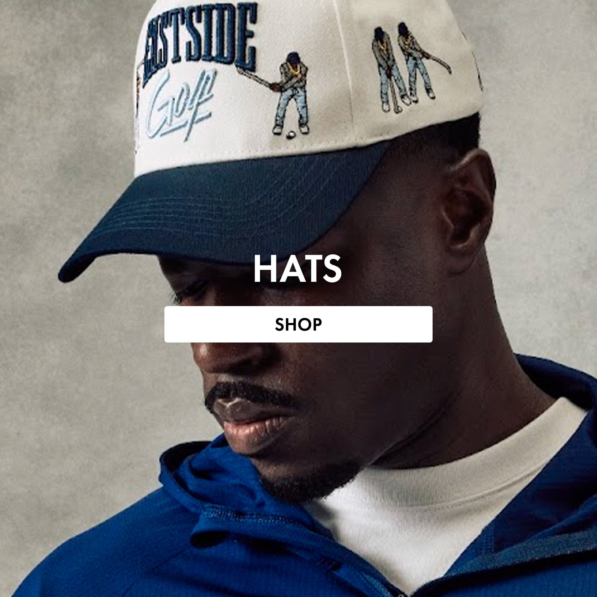 Person wearing a cap with 'Eastside Golf' text and graphics, with 'HATS SHOP' text overlay.