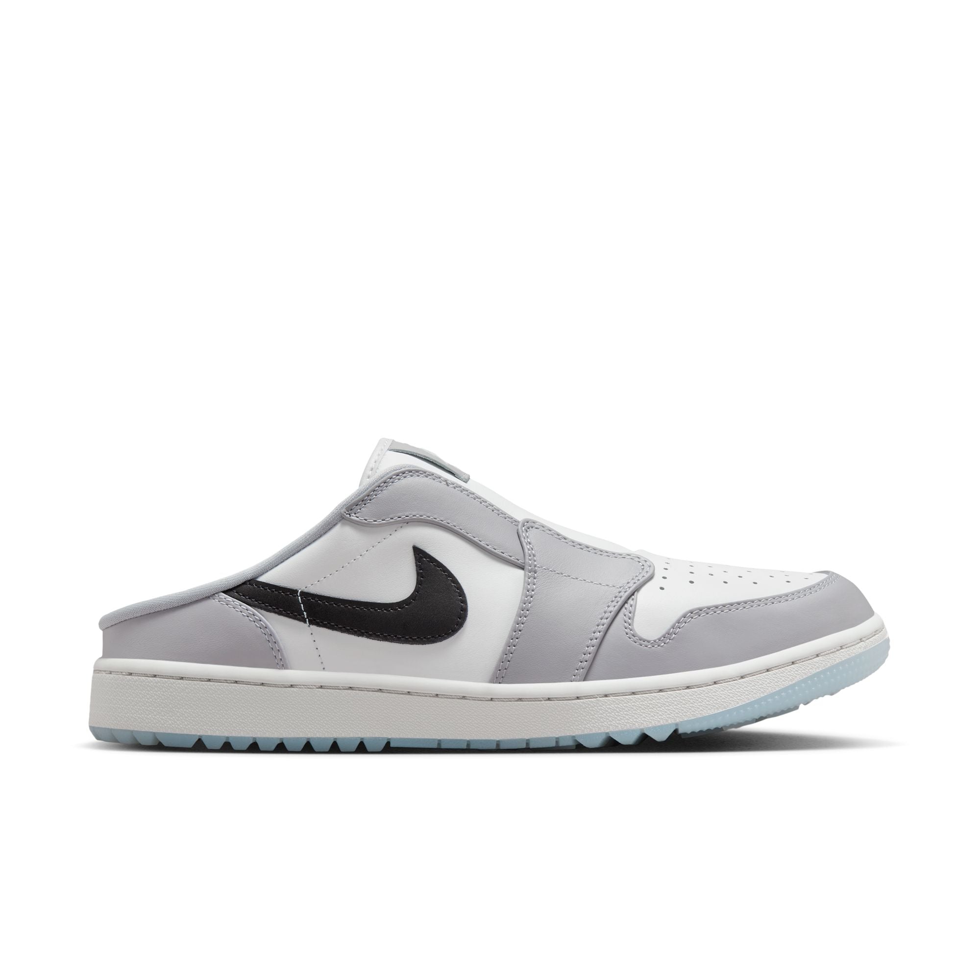 Gray slide sandal with a black logo on a white background