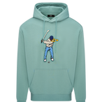 Teal hoodie with graphic design on a white background