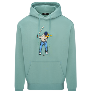 Teal hoodie with graphic design on a white background