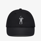 Black cap with a silver embroidered design on a light gray background