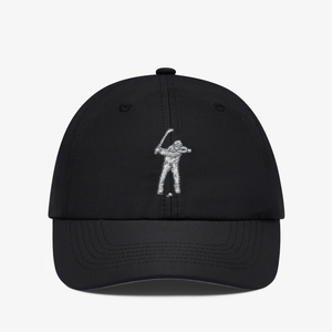 Black cap with a silver embroidered design on a light gray background