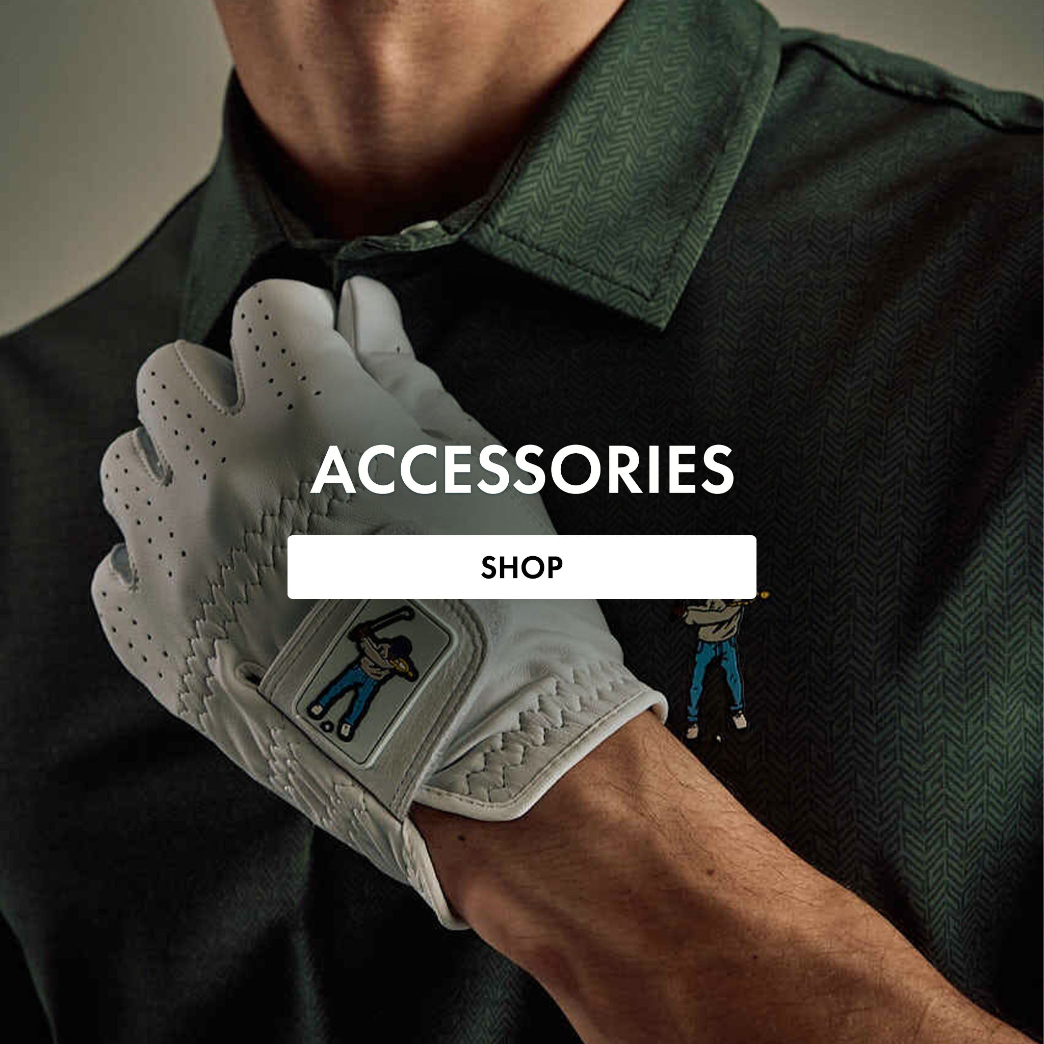 White golf glove and green polo with swingman logo