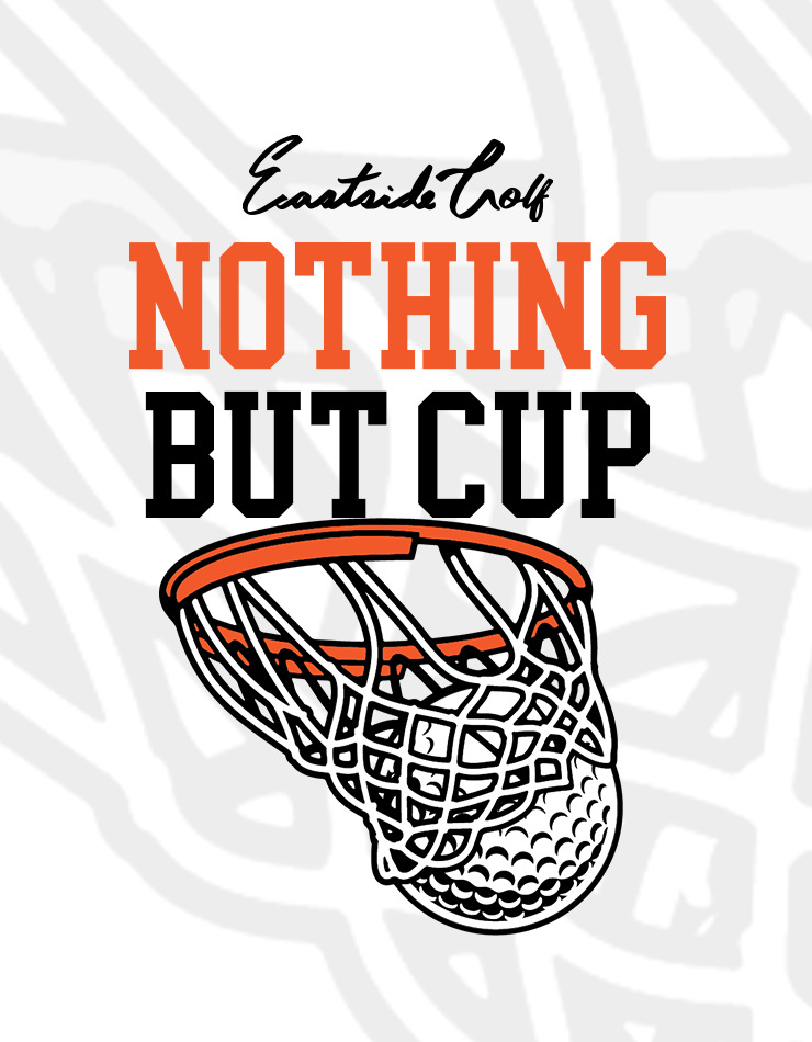 Basketball hoop with 'Nothing But Cup' text on a blurred basketball court background