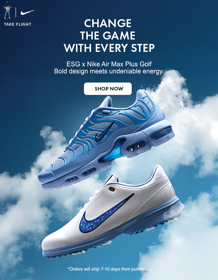 Blue Nike sneaker with cloud background and promotional text on a blue background