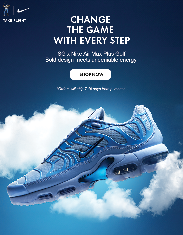 Blue Nike sneaker with cloud background and promotional text on a blue background