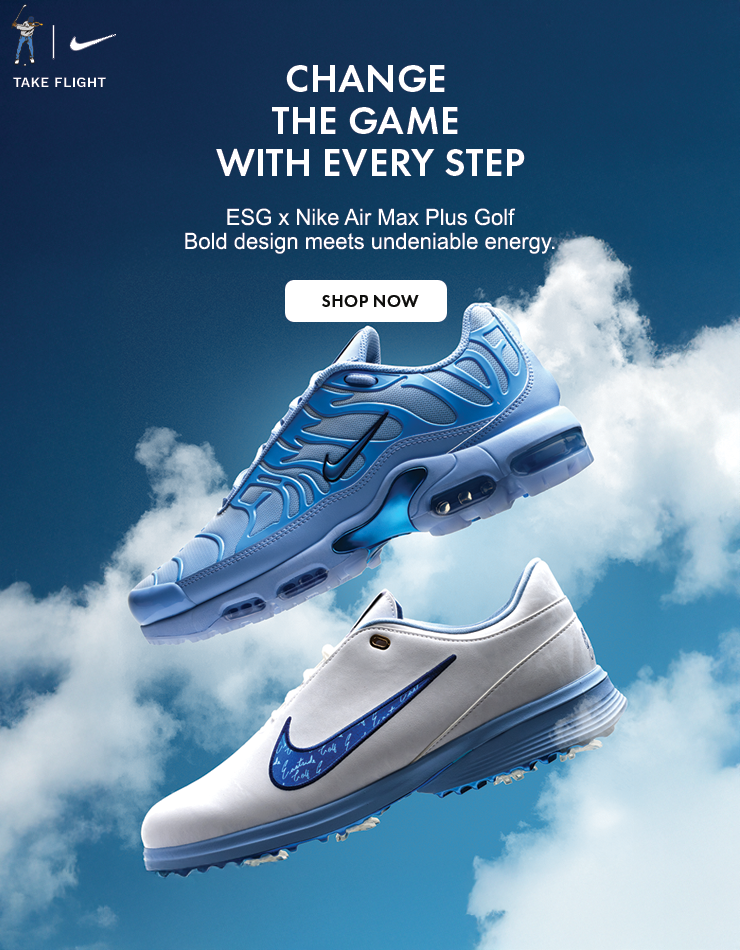 Blue and white Nike golf shoes with cloud background and promotional text.