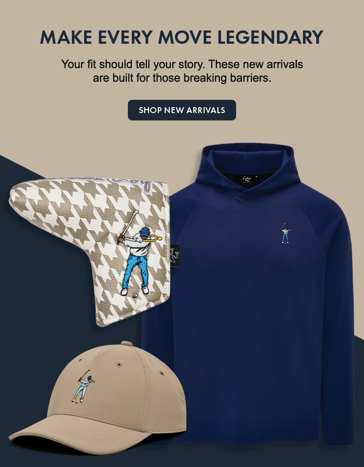 Navy hoodie, beige cap, and golf club head cover with branding on a dark blue and beige gradient background.